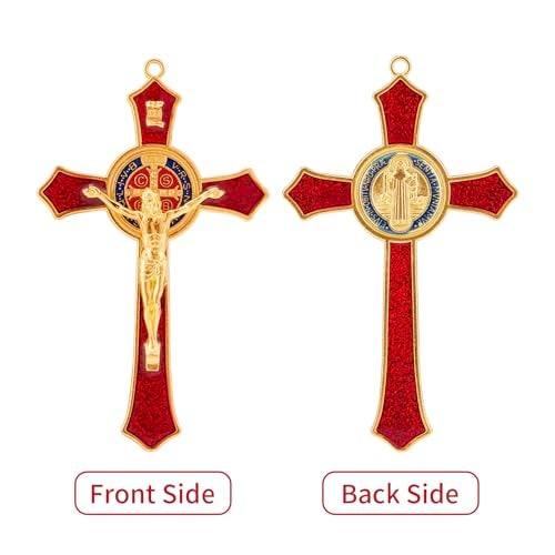 Brilucky St Benedict Crucifix Red,Crucifix Wall Cross For Catholic Decor,Medalla De San Benito,Jesus Christ Hanging Cross Wall Decor,Crucifijo Del Perdon,Saint Benedict Medal Prayer For Home Decoration - Image 3