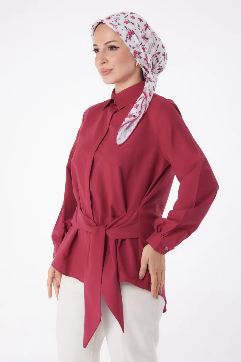 Tofisa Plain Shirt Collar Women's Burgundy Lace Detail Tunic - 13250