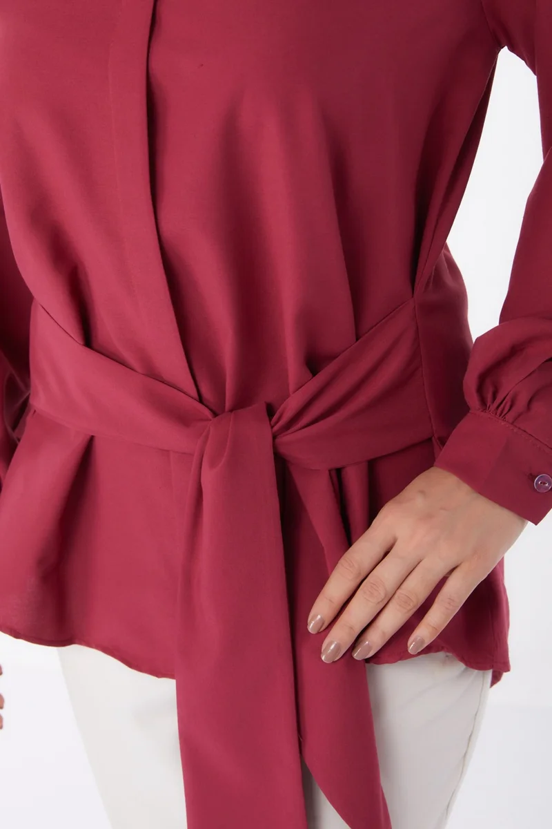 Tofisa Plain Shirt Collar Women's Burgundy Lace Detail Tunic - 13250
