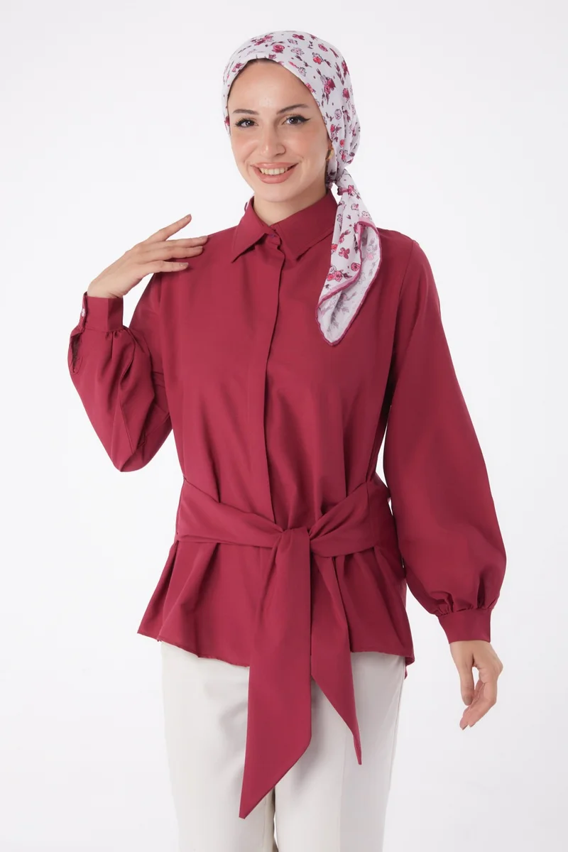 Tofisa Plain Shirt Collar Women's Burgundy Lace Detail Tunic - 13250