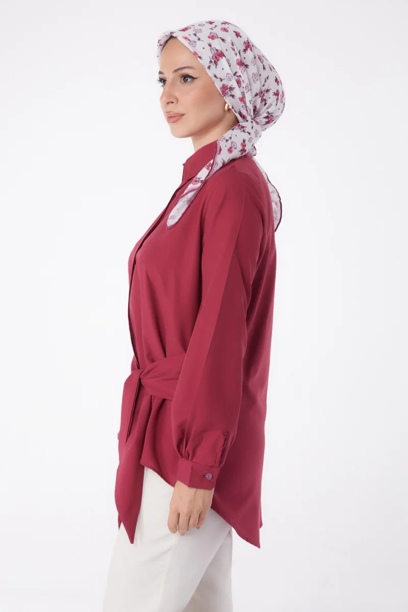 Tofisa Plain Shirt Collar Women's Burgundy Lace Detail Tunic - 13250