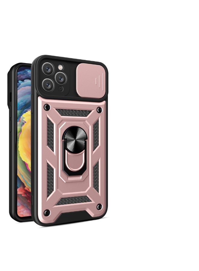 Shunjia Sliding Window Case, Shockproof Rugged Armor with Sliding Camera Cover & 360° Ring Kickstand, Compatible with Apple iPhone 11 Pro Max (Rose Gold)