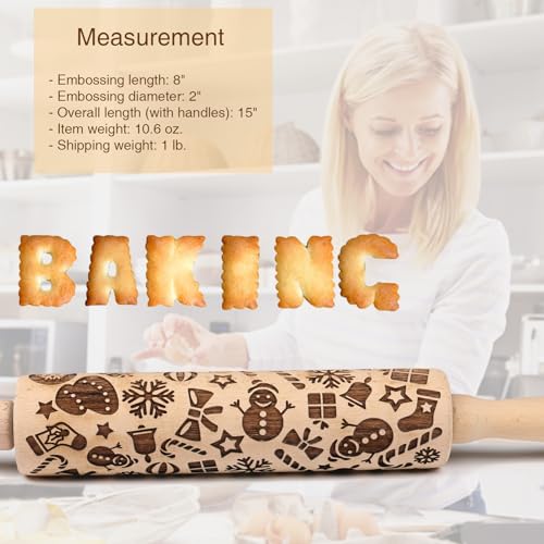 Big Role Christmas Embossed Rolling Pin for Baking Cookies Embossing Rolling Pins with Design Wooden Engraved Springerle Roller Pin Dough Patterned Clay Pottery Ceramic Bakers Women Kids (Snowflake & Snowman) - Image 5