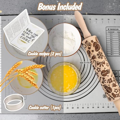 Big Role Christmas Embossed Rolling Pin for Baking Cookies Embossing Rolling Pins with Design Wooden Engraved Springerle Roller Pin Dough Patterned Clay Pottery Ceramic Bakers Women Kids (Snowflake & Snowman) - Image 4