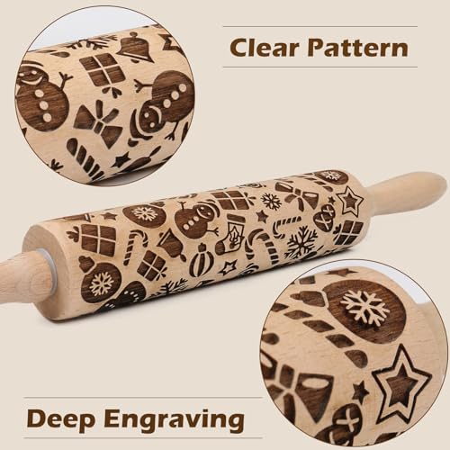 Big Role Christmas Embossed Rolling Pin for Baking Cookies Embossing Rolling Pins with Design Wooden Engraved Springerle Roller Pin Dough Patterned Clay Pottery Ceramic Bakers Women Kids (Snowflake & Snowman) - Image 3