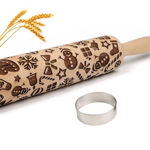 Big Role Christmas Embossed Rolling Pin for Baking Cookies Embossing Rolling Pins with Design Wooden Engraved Springerle Roller Pin Dough Patterned Clay Pottery Ceramic Bakers Women Kids (Snowflake & Snowman) - Image 1