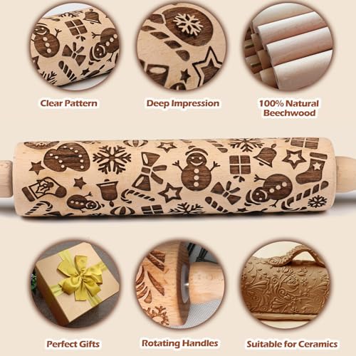 Big Role Christmas Embossed Rolling Pin for Baking Cookies Embossing Rolling Pins with Design Wooden Engraved Springerle Roller Pin Dough Patterned Clay Pottery Ceramic Bakers Women Kids (Snowflake & Snowman) - Image 2