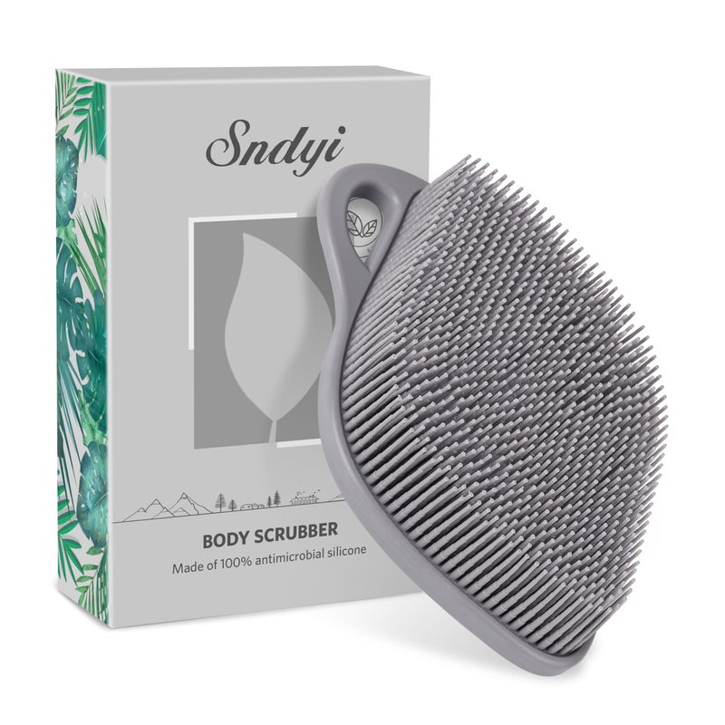 Sndyi Silicone Body Scrubber, Gentle Exfoliating Body Scrubber for Sensitive Skin, Leaf Shaped Shower Scrubber for Body with Lathering Bristles, Silicone Loofah Body Brush for Showering, Gray - Image 1