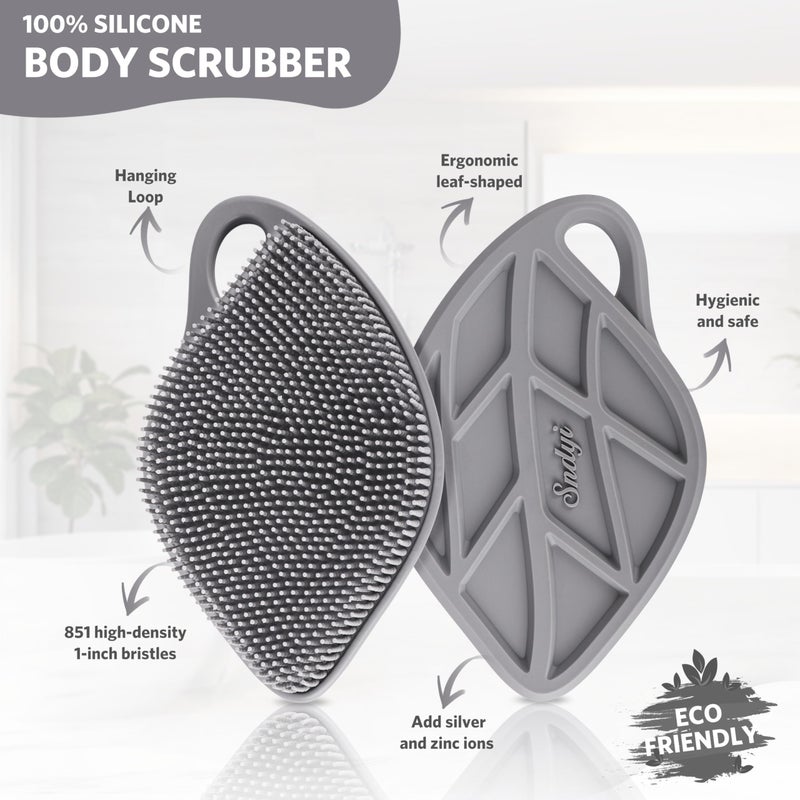 Sndyi Silicone Body Scrubber, Gentle Exfoliating Body Scrubber for Sensitive Skin, Leaf Shaped Shower Scrubber for Body with Lathering Bristles, Silicone Loofah Body Brush for Showering, Gray - Image 2