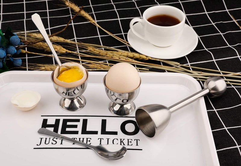 forkmannie Egg Cracker Topper Cutter Set For Soft Boiled Eggs Stainless Steel Shell Remover Separator Include 2 Egg Cups 2 Spoons 1 Topper Cutter - Image 5