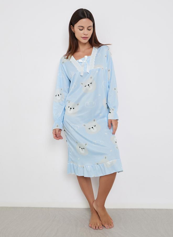 تايك تو قميص نوم بطبعة دب وأكمام طويلة - Image 1