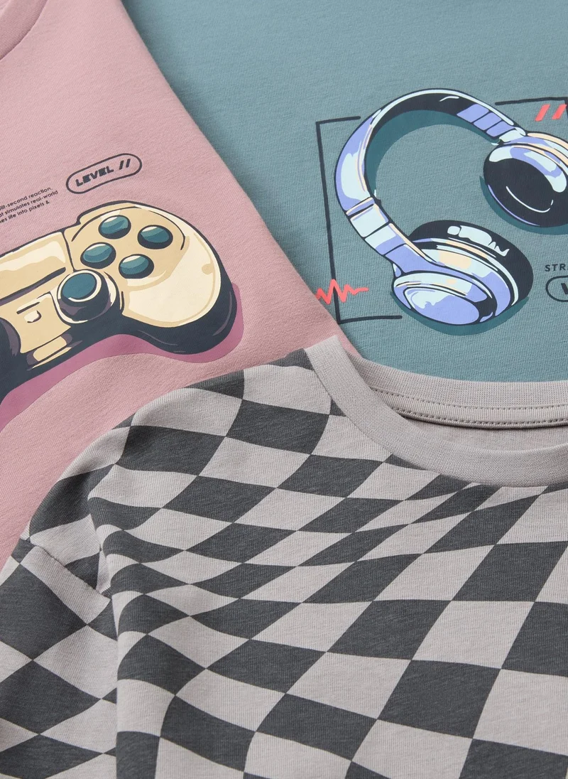 ماتلان 3 Pack Boys Multicolour Checkerboard Gamer T-Shirts