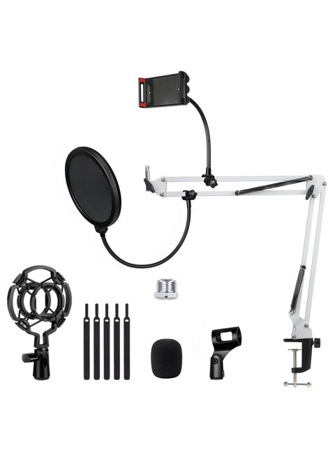 Microphone Arm, Adjustable Microphone Stand, with Shock Mount, Pop Filter, 5 Cable Ties, Microphone Holder Desk Boom Arm, With mobile phone holder, for Recording, Podcasting, TV Station, white