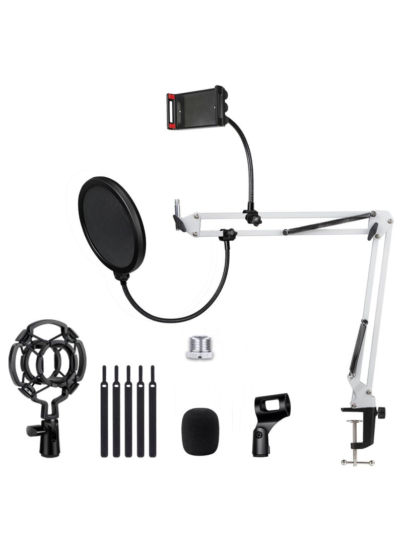 XiuWoo - Microphone Arm, Adjustable Microphone Stand, with Shock Mount, Pop Filter, 5 Cable Ties, Microphone Holder Desk Boom Arm, With mobile phone holder, for Recording, Podcasting, TV Station, white - Image 1