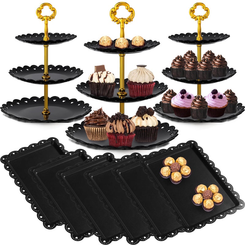 Potchen 9 Pcs Black Cupcake Stand Display Set Includes 6 Pcs Rectangle Cupcake Stand and 3 Pcs Round 3-Tier Serving - Image 1