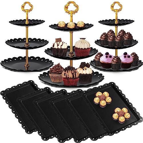 Potchen 9 Pcs Black Cupcake Stand Display Set Includes 6 Pcs Rectangle Cupcake Stand and 3 Pcs Round 3-Tier Serving - Image 2