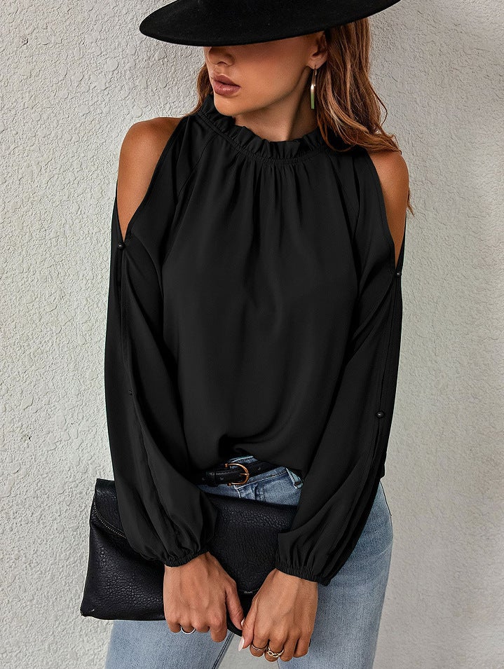 women's solid color lotus leaf round neck long sleeve pleated off-shoulder fashion blouse - Image 1