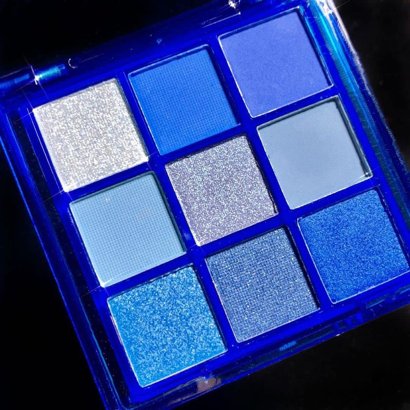 paminify 9 Colors Blue Eyeshadow PaletteMardi Gras Carnival Pressed Pigment Glitter Corpse Bride Waterproof Eye Shadow Pallete Metallic Silver Matte Shimmer Makeup Powder Long LastingBlue - Image 3