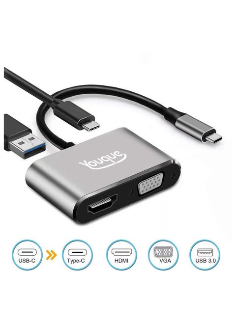 4 في 1 USB-C إلى VGA و HDMI و 3.0 USB ومحول من النوع C رمادي