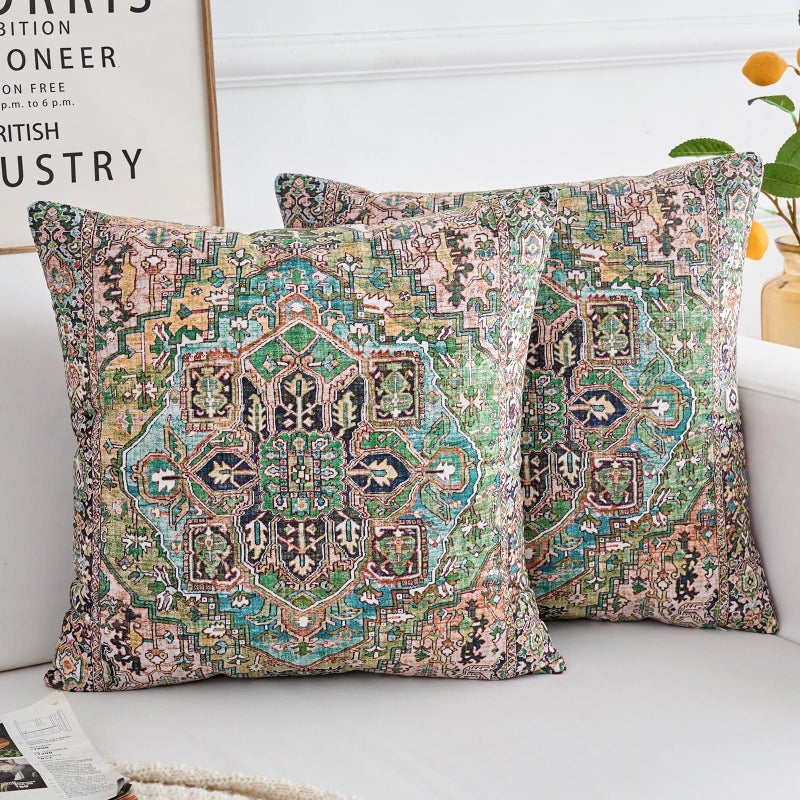 BUAEL Boho Throw Pillow Covers 20x20 inch Set of 2,Boho Vintage Carpet Pattern Antique Ethnic Decor Double Sided Pattern Cushion Cover Soft Pillow Case Living Sofa Room Bed Square Pillow Cover - Image 1