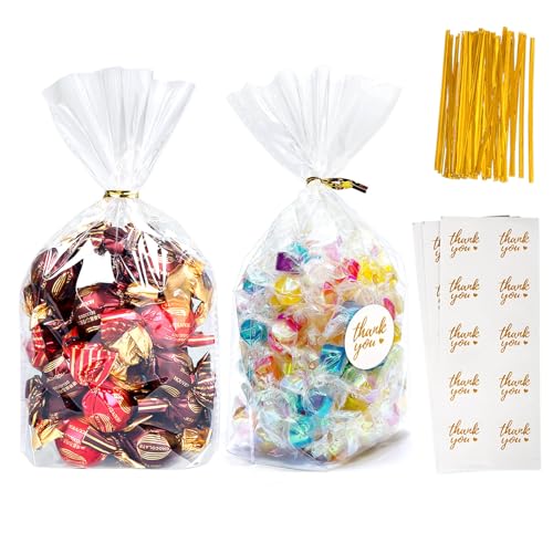 Cherodada Clear Cellophane Treat Bags with Ties, 6"x 9" (100 pcs) Bottom Gusset Bags for Gift Wrapping, Party Favors, Candies, Cookies, Chocolates, Popcorn - Image 1