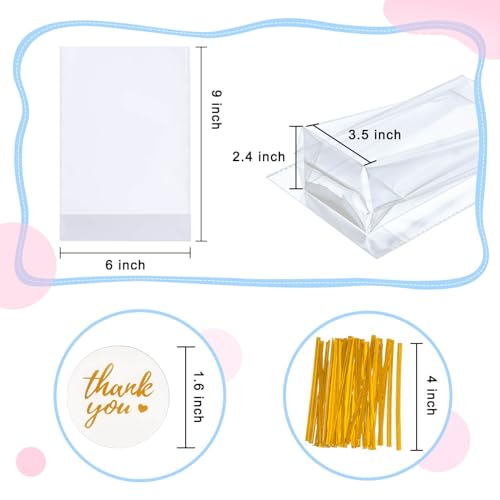 Cherodada Clear Cellophane Treat Bags with Ties, 6"x 9" (100 pcs) Bottom Gusset Bags for Gift Wrapping, Party Favors, Candies, Cookies, Chocolates, Popcorn - Image 2