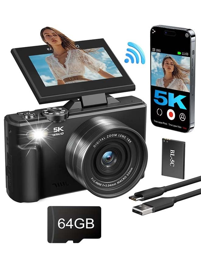 Generic 5K 75MP WiFi Digital Camera for Photography & YouTube Vlogging - 3" 180° Flip Screen, 18X Zoom, UHD Autofocus, Compact Travel - Image 1