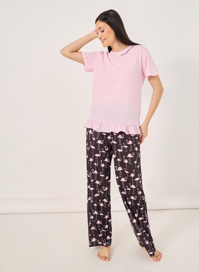Styli Slogan Ruffled Hem T-Shirt and Flamingo Print Pyjama Set  - Image 1