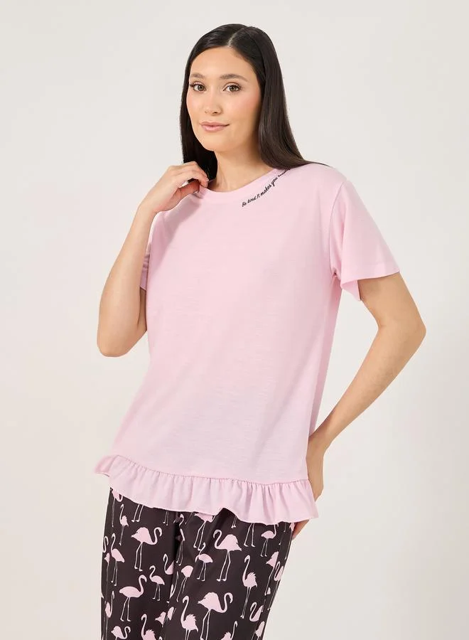 Styli Slogan Ruffled Hem T-Shirt and Flamingo Print Pyjama Set