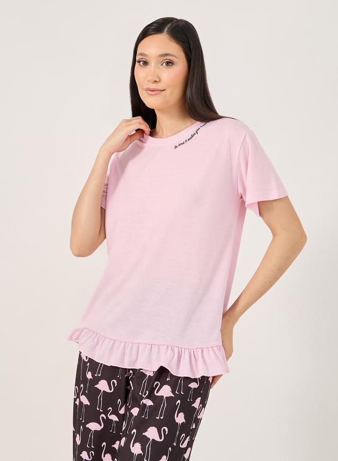 Styli Slogan Ruffled Hem T-Shirt and Flamingo Print Pyjama Set  - Image 3