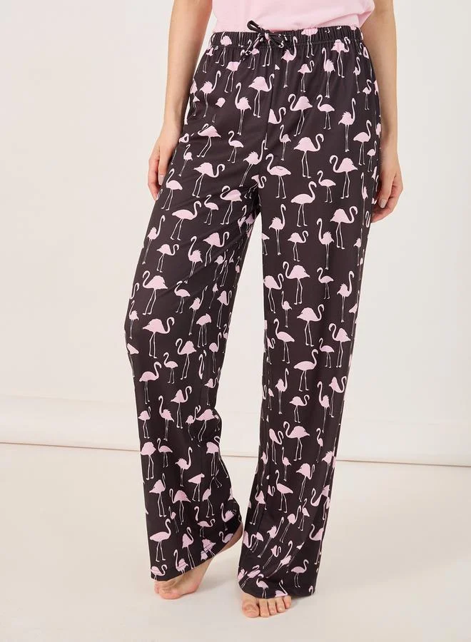 Styli Slogan Ruffled Hem T-Shirt and Flamingo Print Pyjama Set