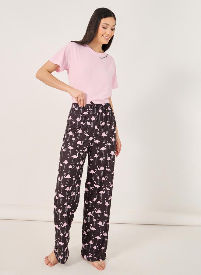 Styli Slogan Ruffled Hem T-Shirt and Flamingo Print Pyjama Set  - Image 2