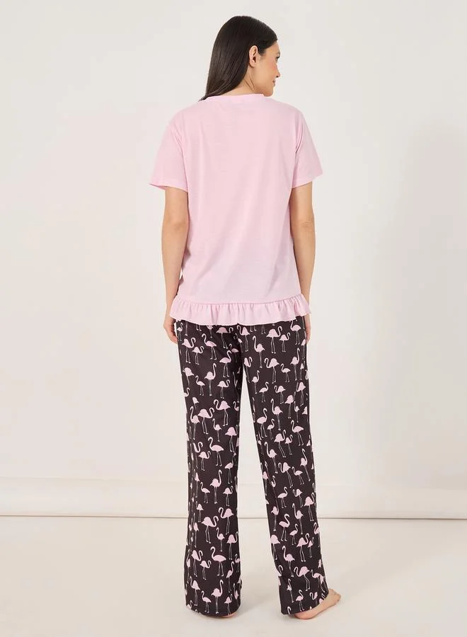 Styli Slogan Ruffled Hem T-Shirt and Flamingo Print Pyjama Set