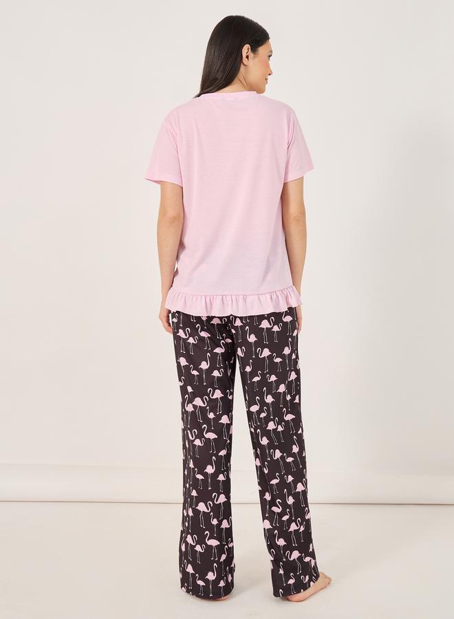 Styli Slogan Ruffled Hem T-Shirt and Flamingo Print Pyjama Set  - Image 5