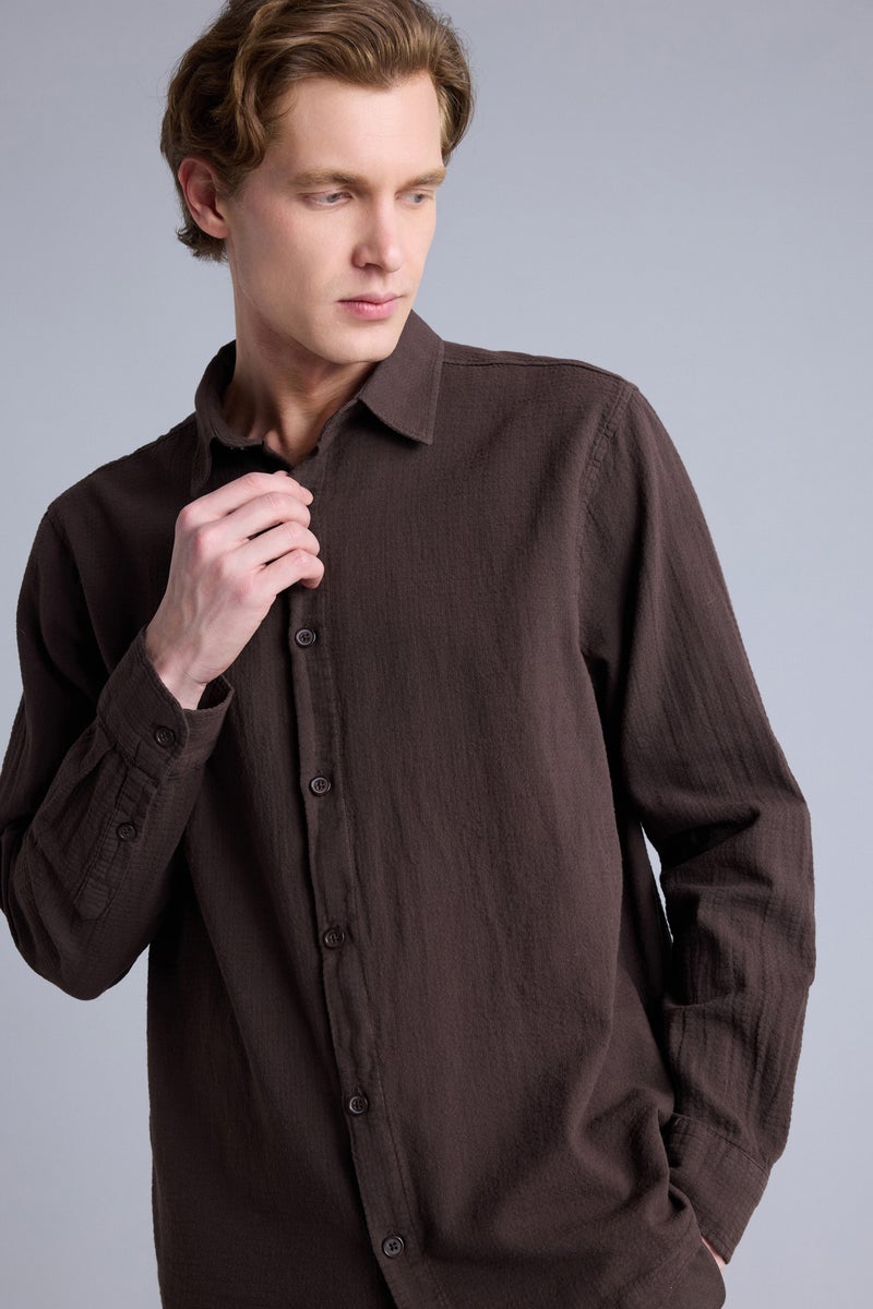 DeFacto Brown Man Regular Fit Long Sleeve Shirt Casual - Image 1