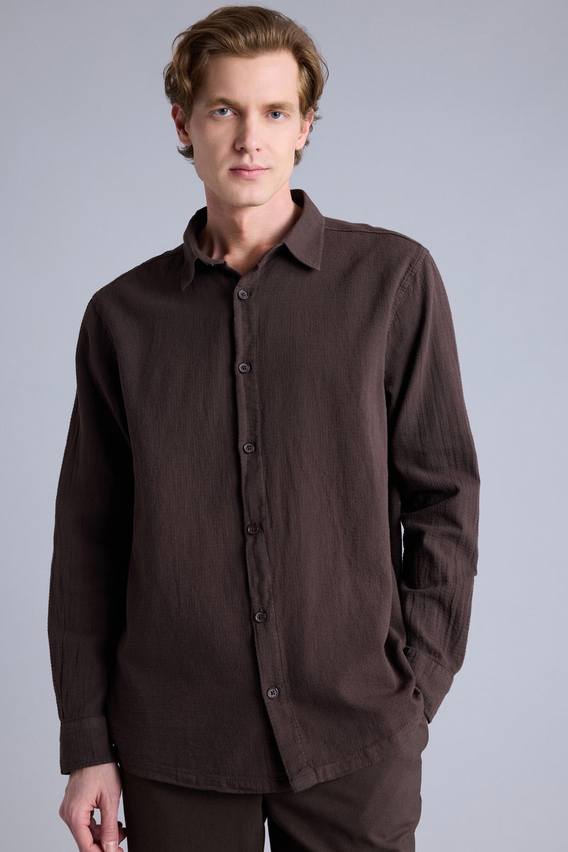 DeFacto Brown Man Regular Fit Long Sleeve Shirt Casual - Image 4