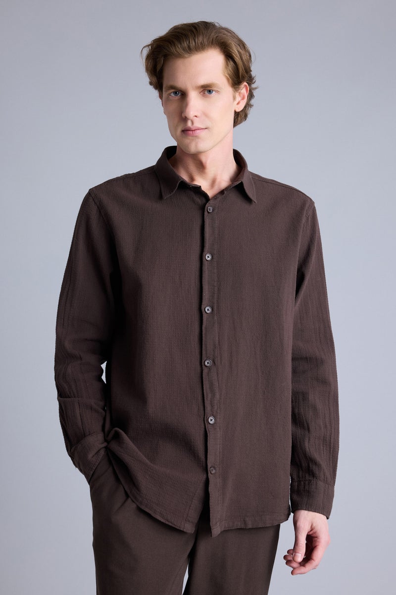 DeFacto Brown Man Regular Fit Long Sleeve Shirt Casual - Image 3