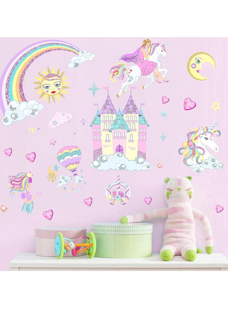 Y&D Castle Unicorn Wall Decals, Princess Reflective with Heart Rainbow Vinyl Stickers, Kids Stickers Decals for Girls Room Decor, Gifts - Image 1