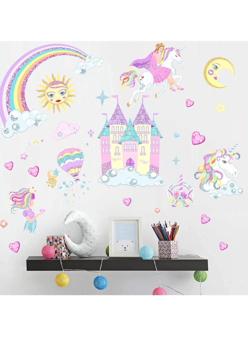 Y&D Castle Unicorn Wall Decals, Princess Reflective with Heart Rainbow Vinyl Stickers, Kids Stickers Decals for Girls Room Decor, Gifts - Image 2