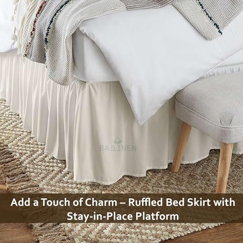 Rajlinen Ruffled Bed Skirt with Split Corners, Full Dust Ruffle 12 inch Drop, 100% Microfiber Bedskirt with Platform Three Sided Coverage Ruffled Gathering Bed Skirts, Ivory - Image 2