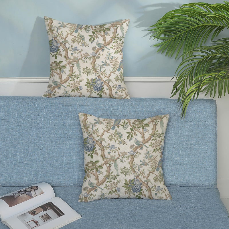 GOLIANDA Blue Green Floral Bird Pillow Covers 16x16 Set of 2 Chinoiserie Throw Pillows Green Vintage Flowers Bird Decorative Pillow Cases Outdoor Chinoiserie Decor Farmhouse Cushion Case for Couch Sofa - Image 3