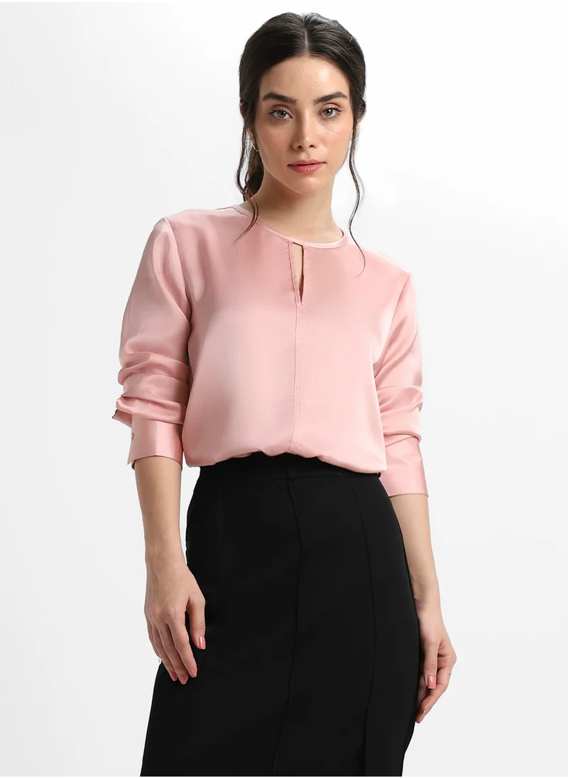 Dennis Lingo Pink Satin Crepe Top for Women, Regular Fit