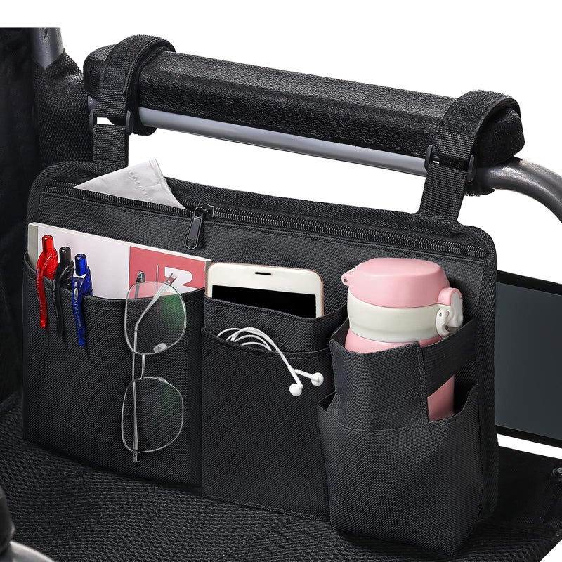 CTWWFS Upgrade Wheelchair Side Bag with Cup Holder Armrest Accessories for Wheelchair Rollator Walker The Perfectly Organized to Free your Hands and Bring you A Wonderful Life Experience Black