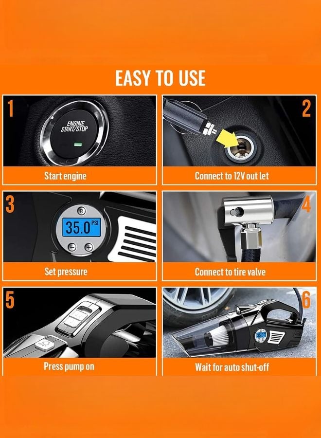 4 in 1 Portable Car Vacuum Cleaner with Digital Air Compressor Pump, DC 12V Tire Inflator for Cars, High Power Car Vacuum with LED Light, Wet & Dry Vacuum for Cars, 14.8FT Cord - Image 5