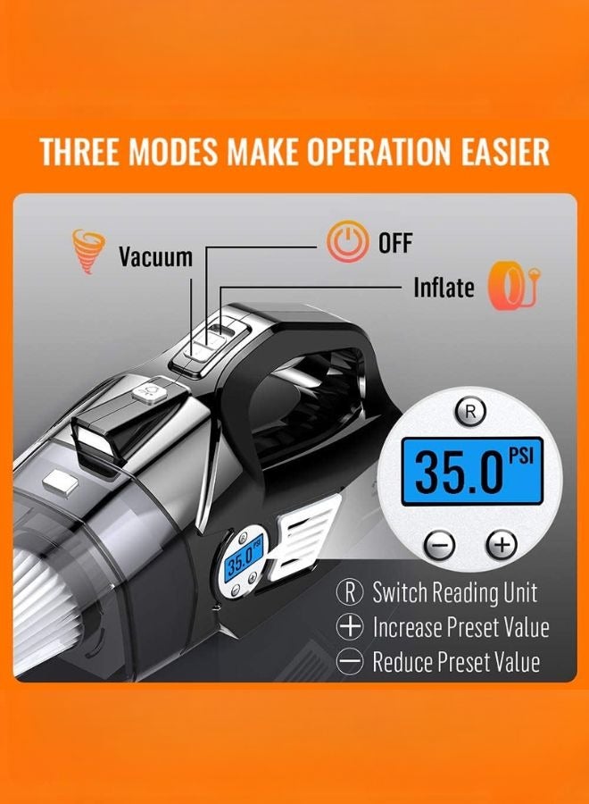 4 in 1 Portable Car Vacuum Cleaner with Digital Air Compressor Pump, DC 12V Tire Inflator for Cars, High Power Car Vacuum with LED Light, Wet & Dry Vacuum for Cars, 14.8FT Cord - Image 4