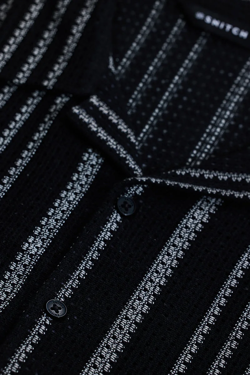 SNITCH Jet Black Stripes Oversized Fit Crochet Shirt