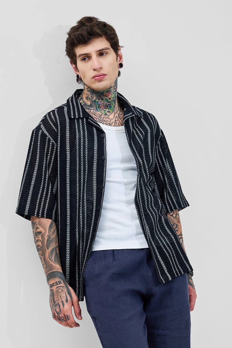 SNITCH Jet Black Stripes Oversized Fit Crochet Shirt