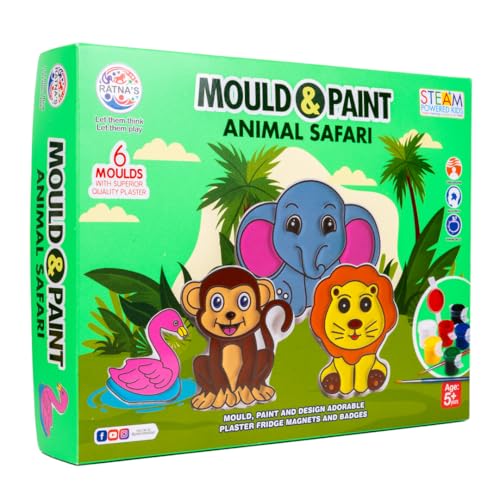 RATNA'S Mould and Paint Animal Safari DIY Kit, Create Adorable Fridge Magnets & Badges, 6 Moulds with Plaster, Art and Craft Kit for Ages 5+ - Image 1