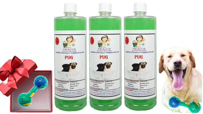 swacch Pug Dog Shampoo + Dumbbell Toy I Durable Rubber Dog Toy for Chewing I Playing,Teeth Cleaning & Training Toy I Combo Pack I 1 Litre Pack of 3 Neem Alovera - Image 1