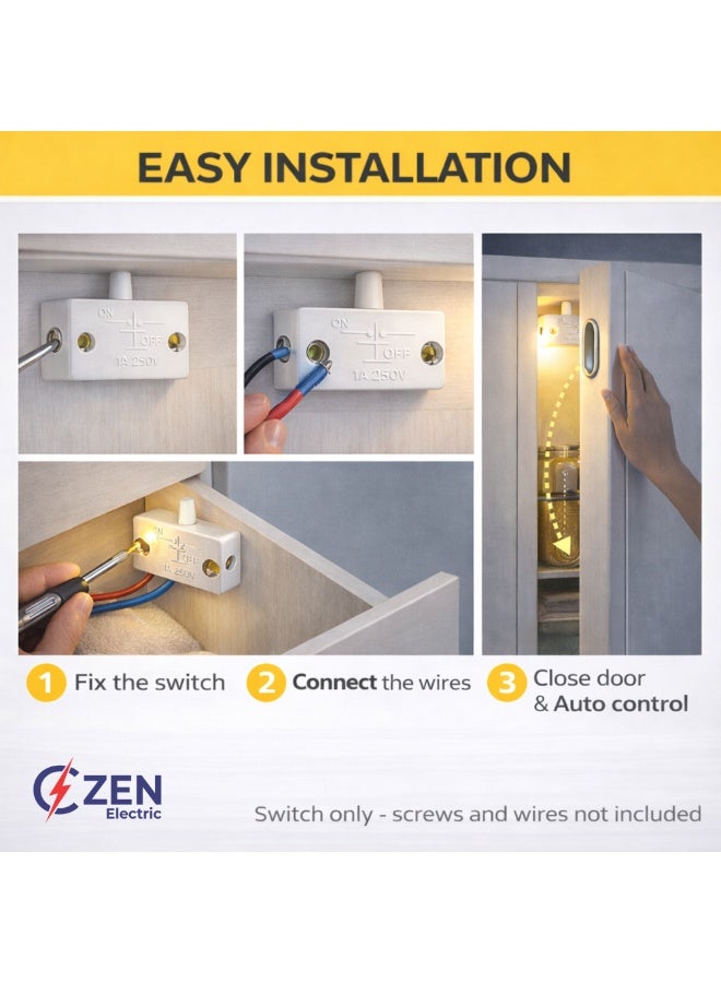 CZEN ELECTRIC White Cabinet Door Push Button Switch (NC), 1A 250V Normally Closed Inline Switch, Wardrobe & Furniture Light Control, Compact Door Switch (Pack of 4) - Image 5